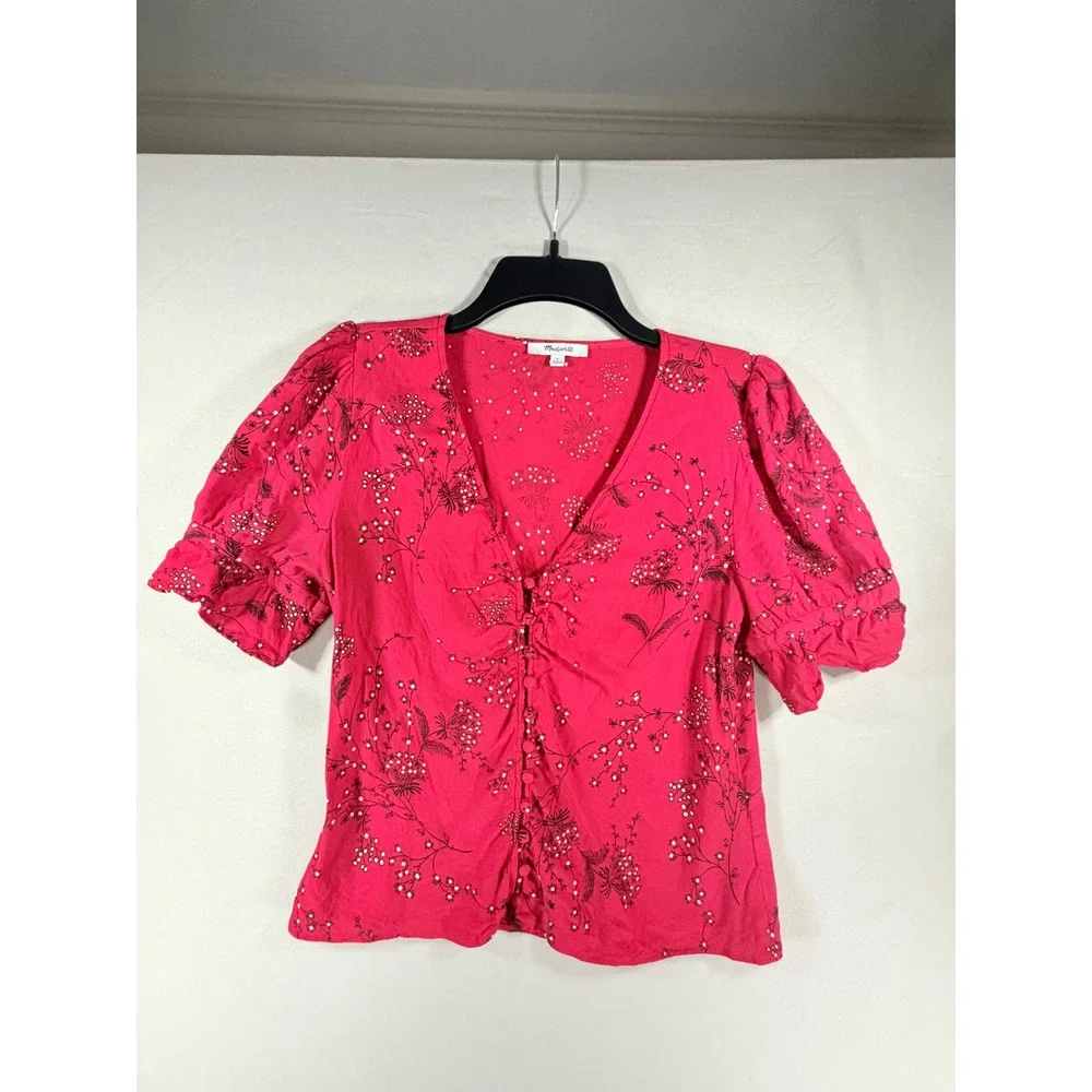 Madewell Women Red Floral Button Front Puff Sleeve V-Neck Blouse Top Size 4